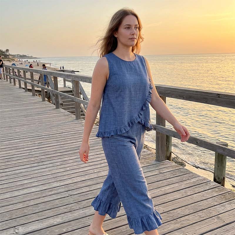 ☀️Sommerliches Set aus ärmelloser Bluse und Hose mit Rüschen am Saum✨