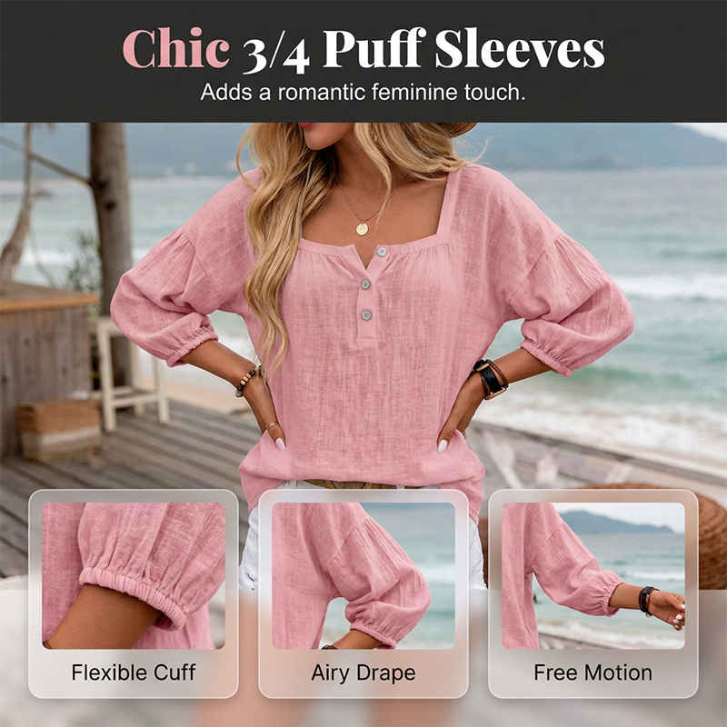 Women's 3/4 Sleeve Square Neck Linen Blouse