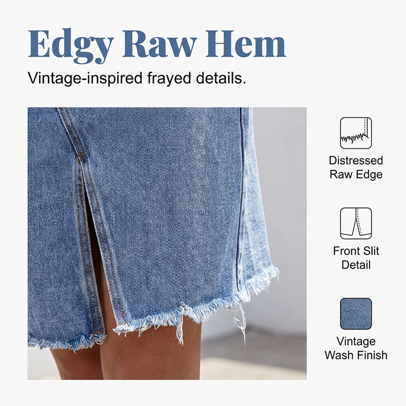Women's High-Waist Denim Skirt with Front Slit