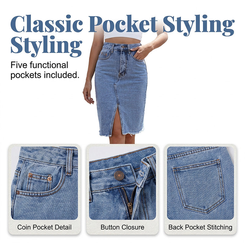 Women's High-Waist Denim Skirt with Front Slit