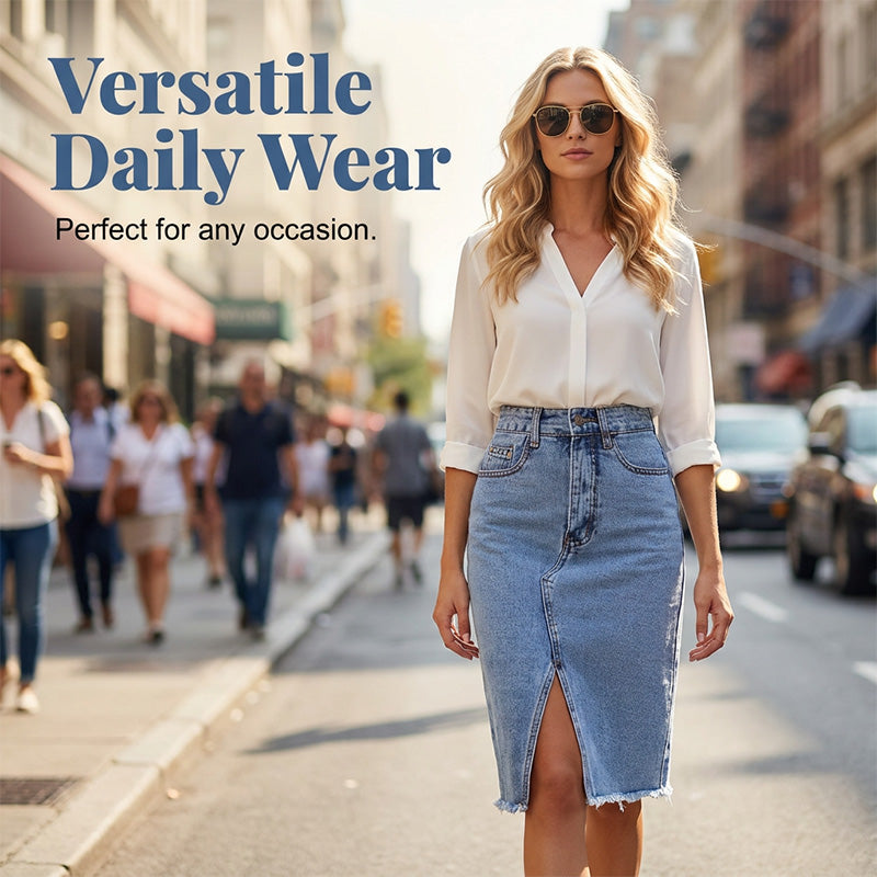 Women's High-Waist Denim Skirt with Front Slit