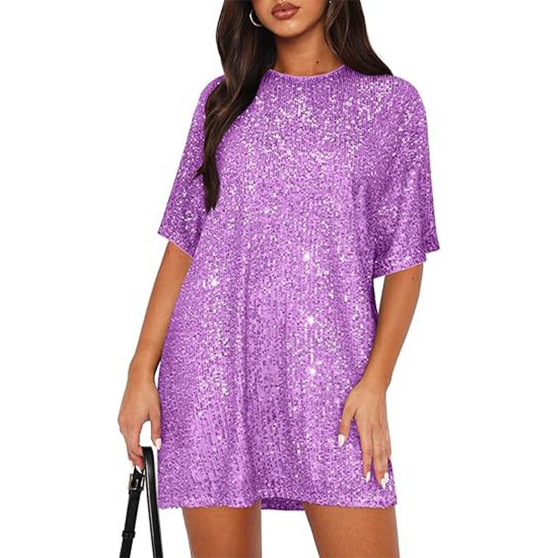 Women's Sequin Short Sleeve Crewneck T-Shirt Dress