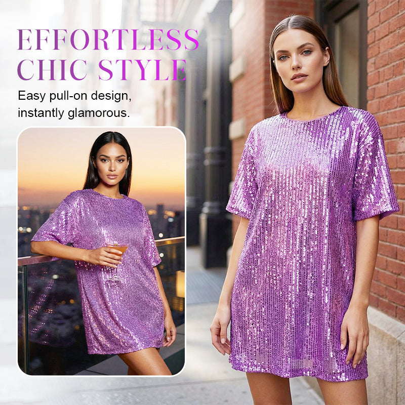 Women's Sequin Short Sleeve Crewneck T-Shirt Dress