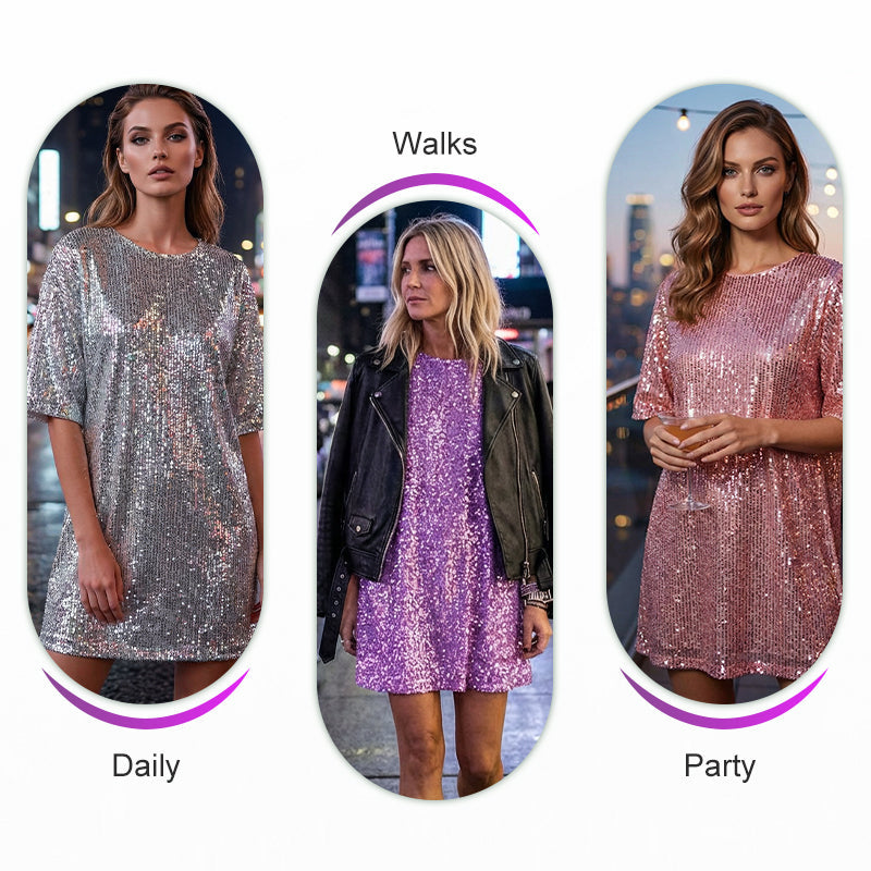Women's Sequin Short Sleeve Crewneck T-Shirt Dress