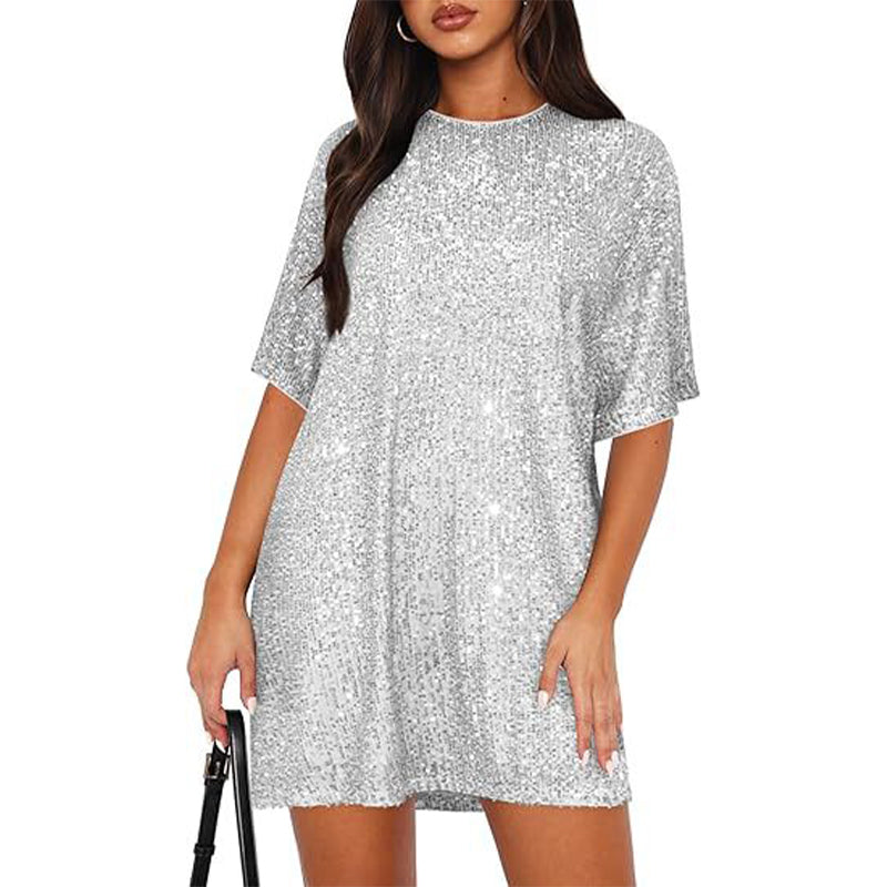 Women's Sequin Short Sleeve Crewneck T-Shirt Dress