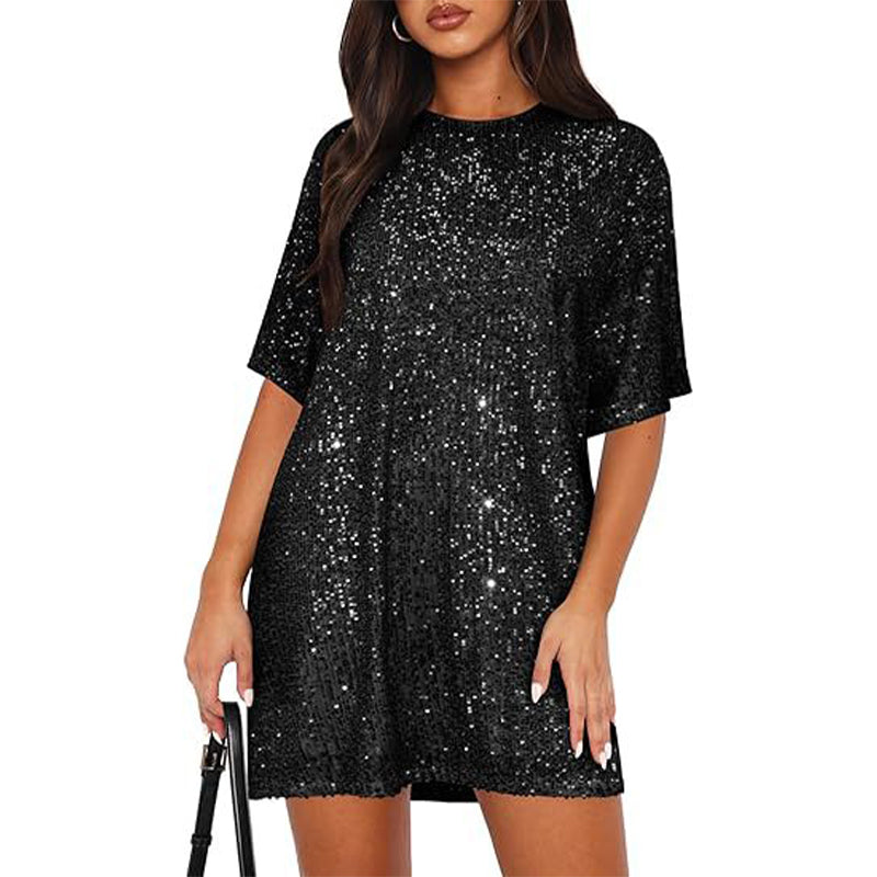 Women's Sequin Short Sleeve Crewneck T-Shirt Dress