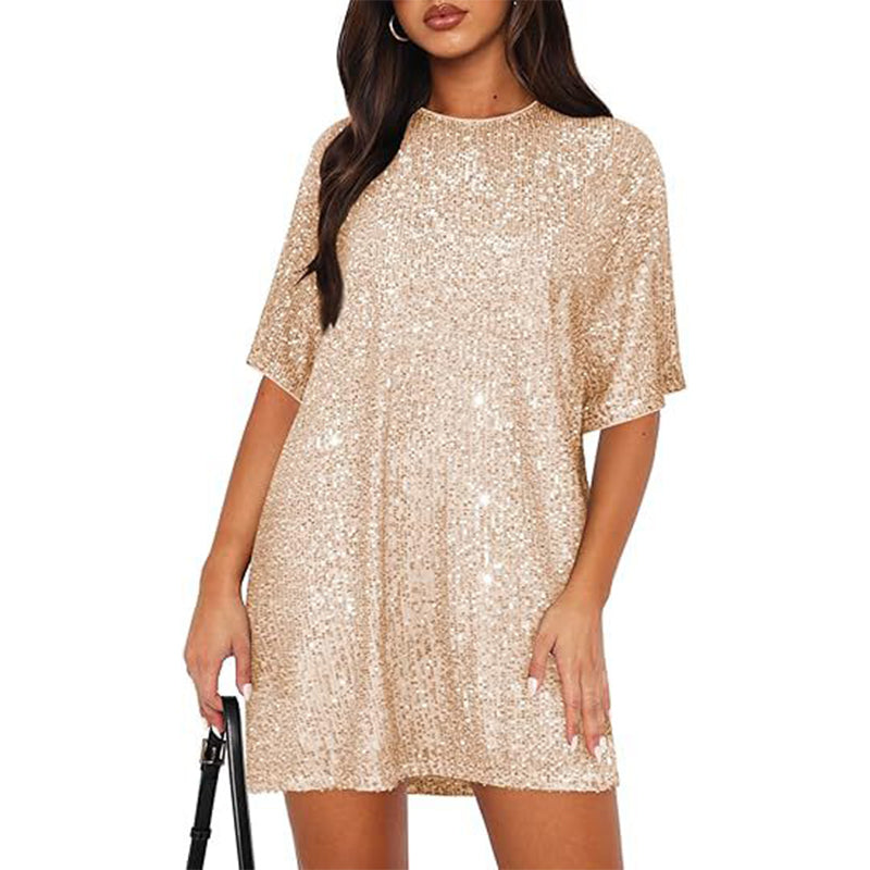 Women's Sequin Short Sleeve Crewneck T-Shirt Dress