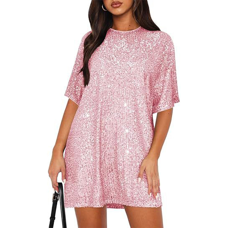 Women's Sequin Short Sleeve Crewneck T-Shirt Dress