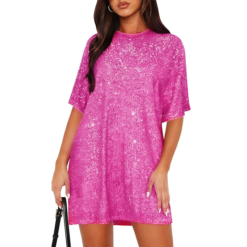 Women's Sequin Short Sleeve Crewneck T-Shirt Dress