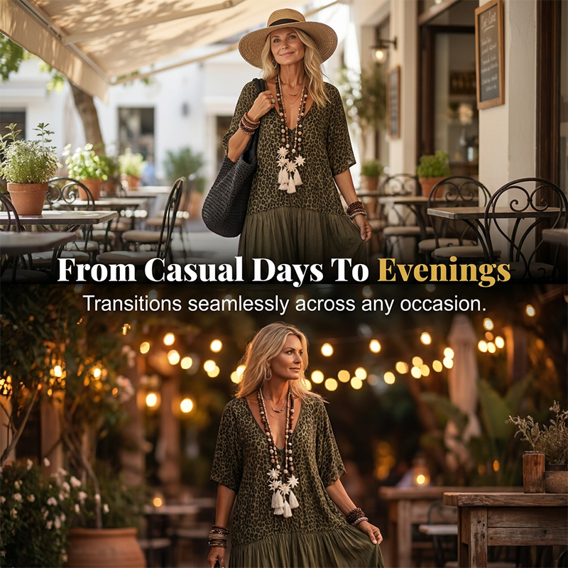 Gluschwein - Damen Boho-Maxikleid mit Leopardenmuster
