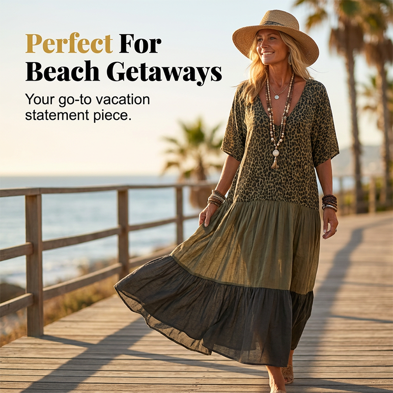 Gluschwein - Damen Boho-Maxikleid mit Leopardenmuster
