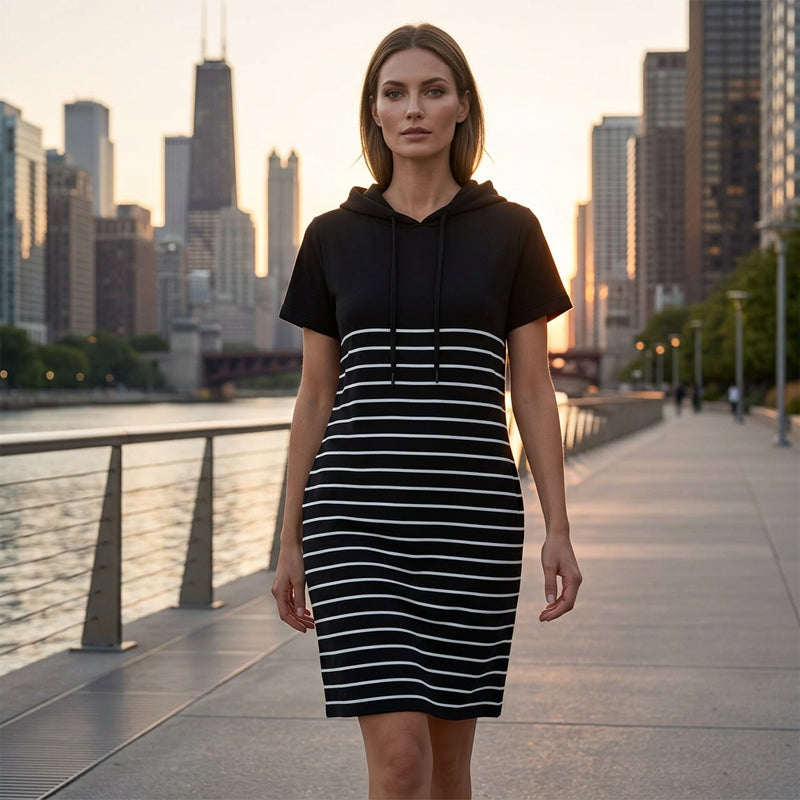 👗 Gestreiftes Hoodie-Kleid mit Taschen ✨ Lockerer Geradeschnitt für Alltag & Freizeit