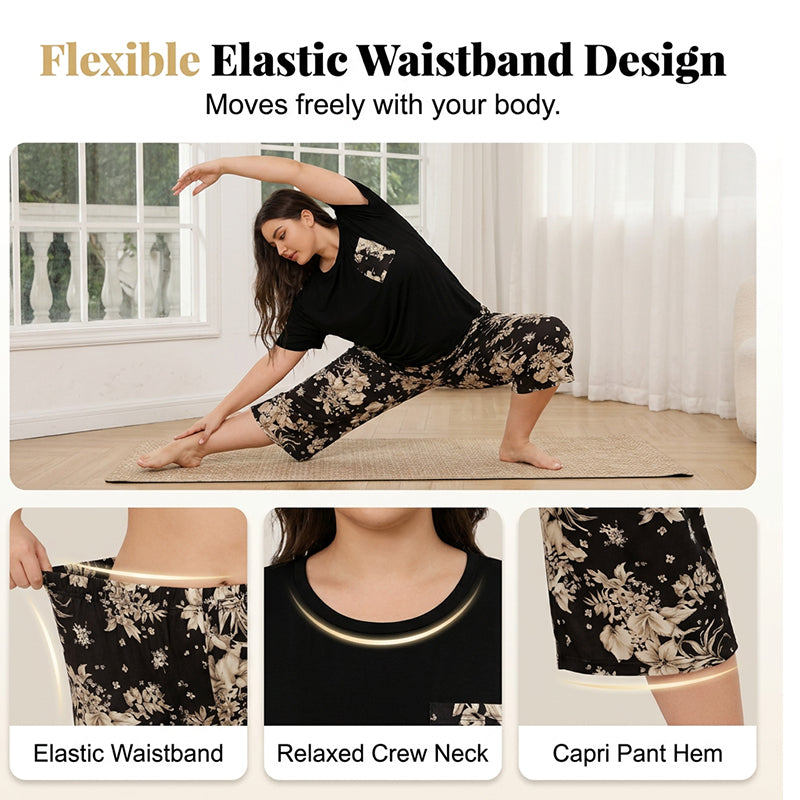 ✨☁️ Damen-Set mit Rundhals-Top & Capri-Hosen | Weicher Stoff, lockere Passform, ganztägig komfortabel für Alltag & Freizeit