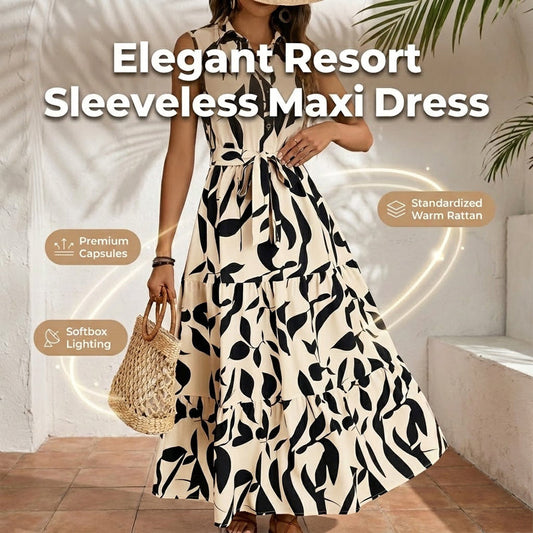 Ärmelloses Maxikleid mit Kragen und Bindegürtel