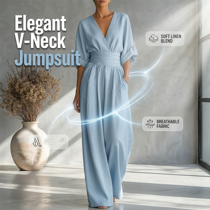 Damen V-Ausschnitt Hochtaillierter Weitbein-Jumpsuit