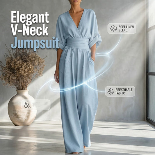 Damen V-Ausschnitt Hochtaillierter Weitbein-Jumpsuit