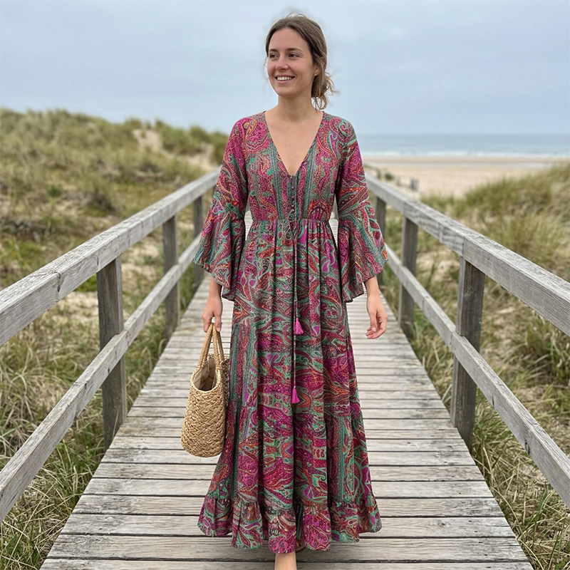 👗 Neu! Damen Boho Paisley Maxikleid | V-Ausschnitt mit Glockenärmeln, Weiches Fließendes Sommerkleid