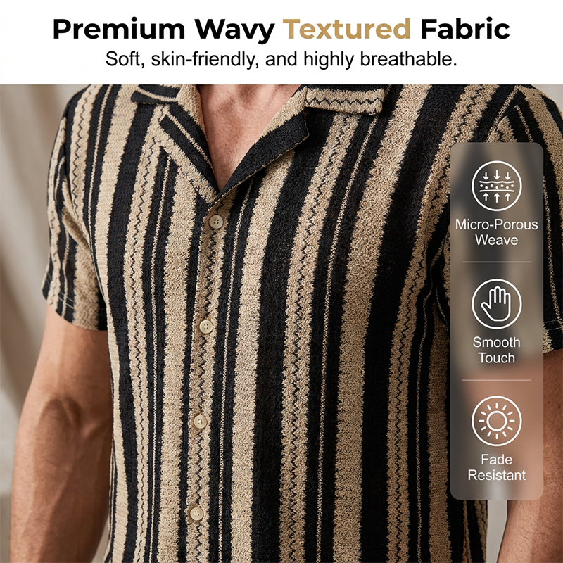 👕 60% RABATT JETZT! 🌊 Herren Wavy Stripe Kubanisches Kragen-Hemd – Atmungsaktive Textur & entspannte Passform – Retro Sommerstil – perfekt für Strand, Urlaub oder heiße Tage 🌴