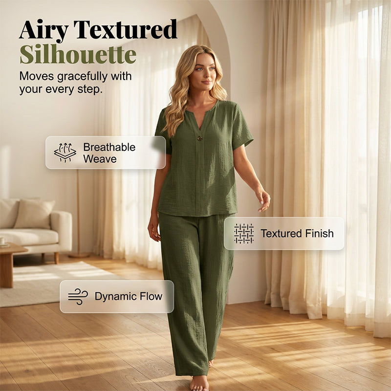 👗 60% RABATT! 🌿 Damen 2-teiliges Freizeit-Set – Texturiertes Lounge Outfit & atmungsaktiv – Perfekt für Alltag, Freizeit oder Homeoffice – bequemer, stilvoller 2-in-1 Look für den ganzen Tag ✨