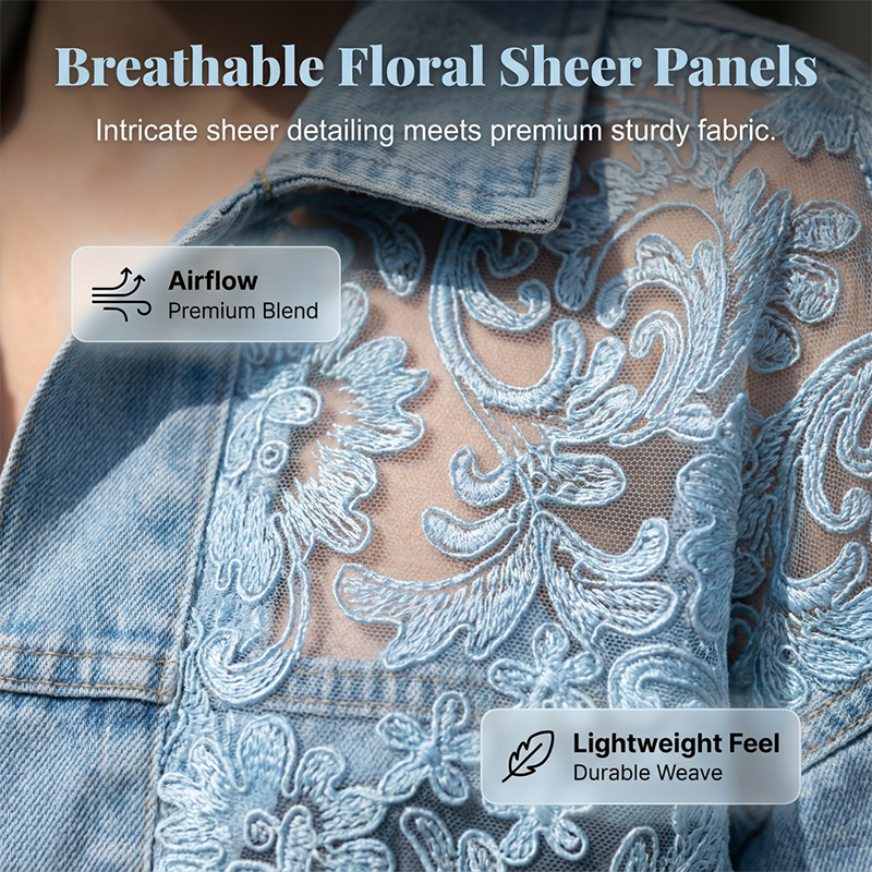 Locker sitzende Damenjeansjacke mit Blumenmuster und Spitzen-Patchwork