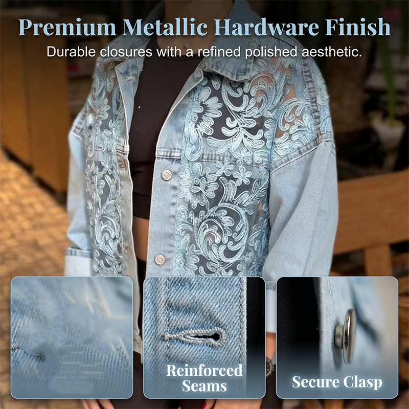 Locker sitzende Damenjeansjacke mit Blumenmuster und Spitzen-Patchwork