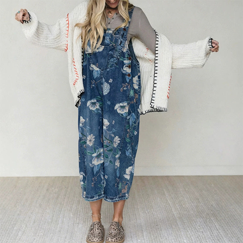 Women’s Vintage Floral Print Denim Overalls