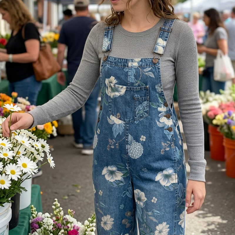 Women’s Vintage Floral Print Denim Overalls