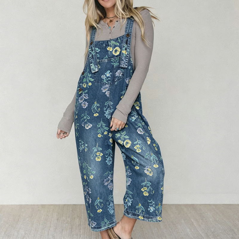 Women’s Vintage Floral Print Denim Overalls