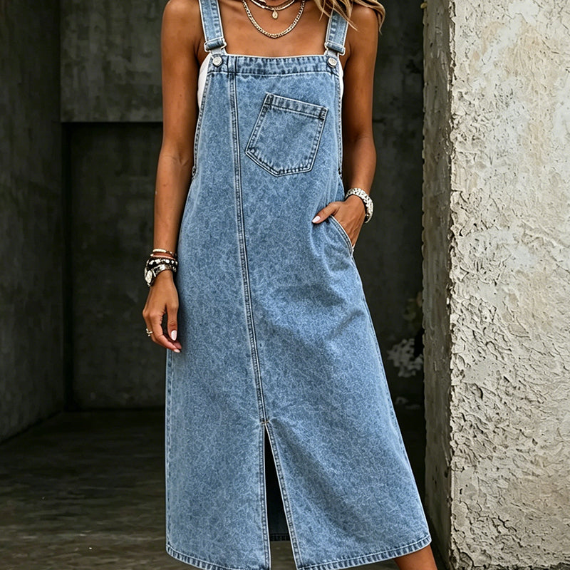 👗 JETZT 60 % RABATT! 👖 Ärmelloses Midi-Jeans-Latzkleid für Damen – Weicher Denim & lockere Passform – Vintage-Style, Seitentaschen – perfekt für lässige Tage oder zum Kombinieren im Sommer ✨