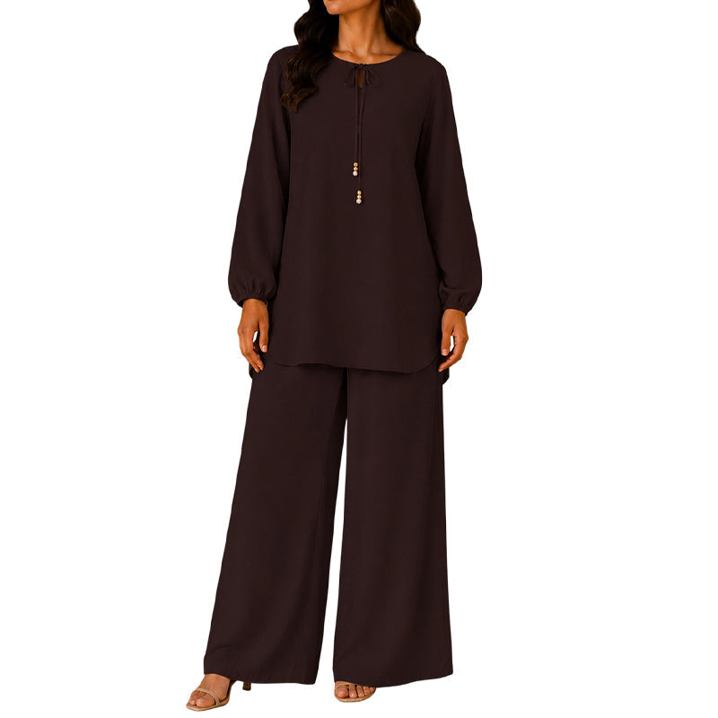 ⏰ Nur noch heute 50% Rabatt! 👗 Elegantes 2-teiliges Damen Outfit mit Langarm-Bluse & Wide-Leg Hose, fließender Stoff & moderner Schnitt – vielseitig kombinierbar für Büro, Abendtreffen und Alltag ✨