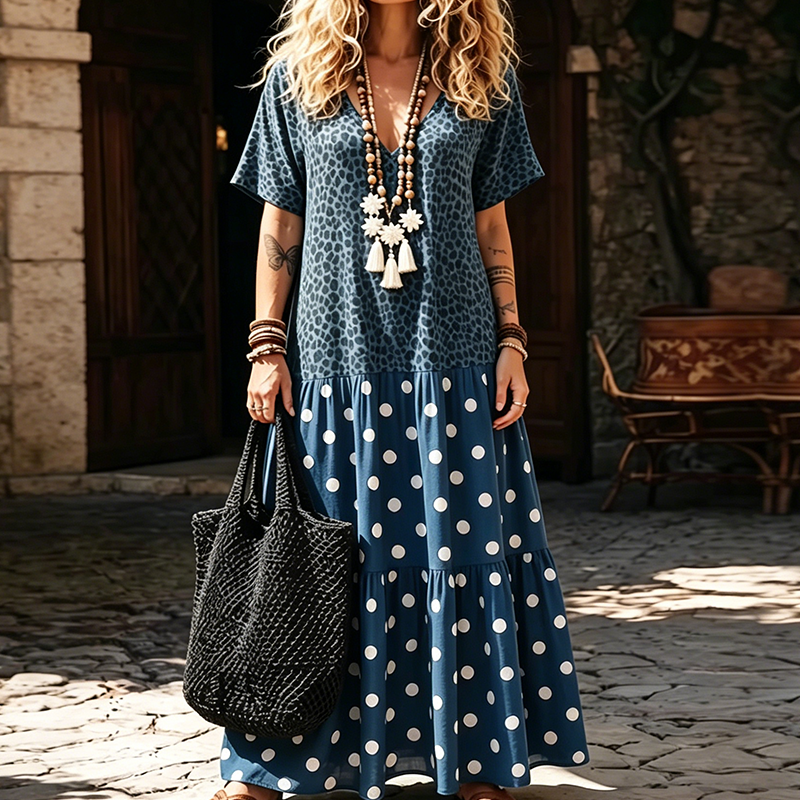 👗🌸 NUR FÜR KURZE ZEIT 50% RABATT! Damen Boho V-Ausschnitt Gemustertes Maxi-Kleid – Fließend, Stilvoll, Sommer-Essential ✨