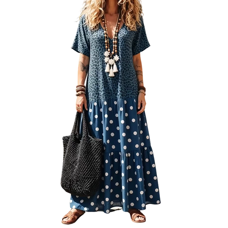 👗🌸 NUR FÜR KURZE ZEIT 50% RABATT! Damen Boho V-Ausschnitt Gemustertes Maxi-Kleid – Fließend, Stilvoll, Sommer-Essential ✨