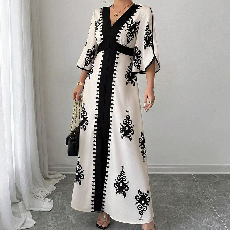 ⏰ Nur noch heute 50% Rabatt! 👗 Elegantes Damen Maxikleid mit V-Ausschnitt & Retro-Print, fließender Stoff, Glockenärmel und kontrastierende schwarze Besätze für Urlaub, Picknick & Abendausflüge ✨