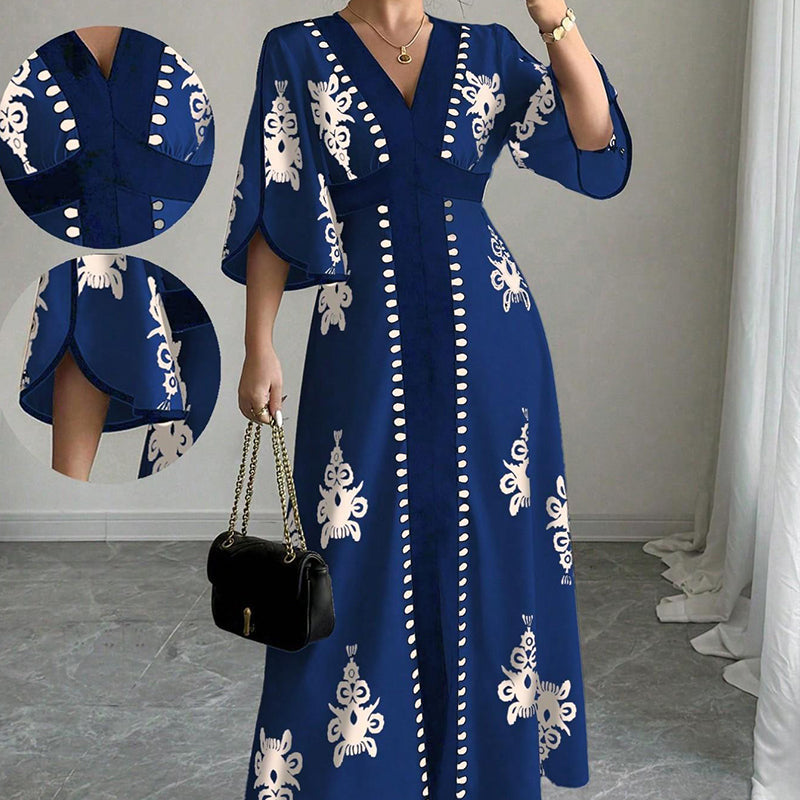 ⏰ Nur noch heute 50% Rabatt! 👗 Elegantes Damen Maxikleid mit V-Ausschnitt & Retro-Print, fließender Stoff, Glockenärmel und kontrastierende schwarze Besätze für Urlaub, Picknick & Abendausflüge ✨