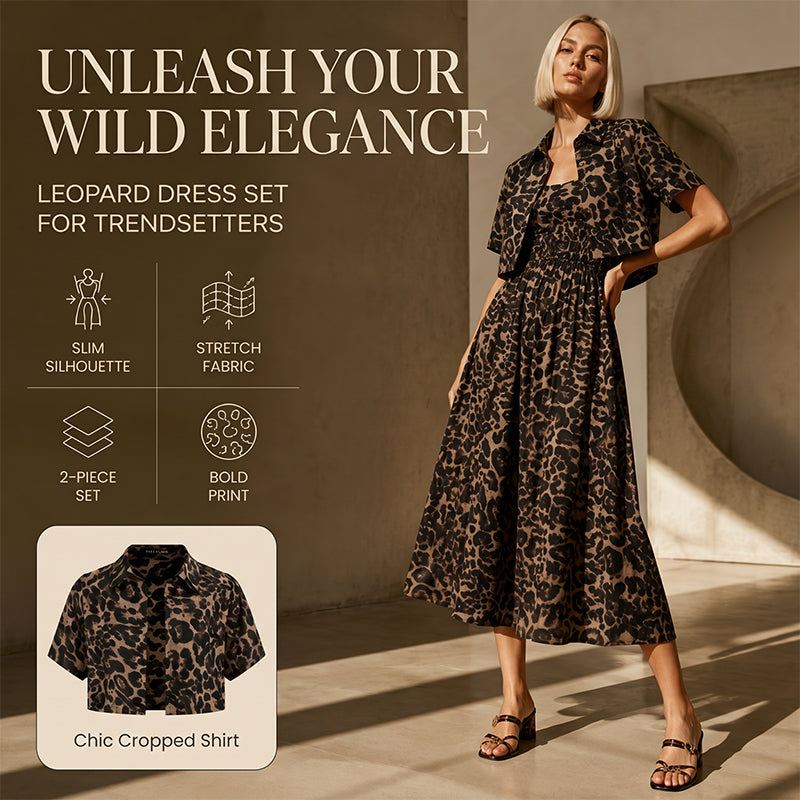 ⏰ Nur noch heute 50% Rabatt! 🐆 Damen 2-teiliges Leoparden-Set aus kurzem Cropped Hemd & Tailliertem Midikleid, elastischer Stoff, markanter Retro Print für Alltag, Café & Abendausflüge ✨