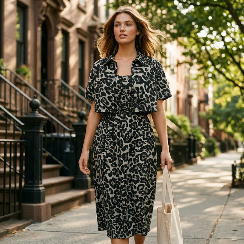 ⏰ Nur noch heute 50% Rabatt! 🐆 Damen 2-teiliges Leoparden-Set aus kurzem Cropped Hemd & Tailliertem Midikleid, elastischer Stoff, markanter Retro Print für Alltag, Café & Abendausflüge ✨