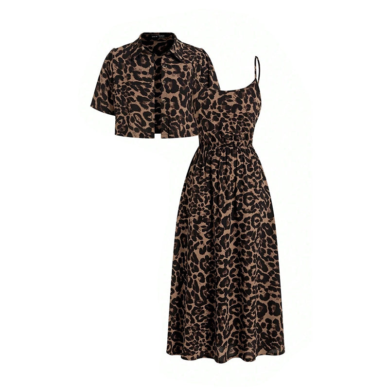 ⏰ Nur noch heute 50% Rabatt! 🐆 Damen 2-teiliges Leoparden-Set aus kurzem Cropped Hemd & Tailliertem Midikleid, elastischer Stoff, markanter Retro Print für Alltag, Café & Abendausflüge ✨