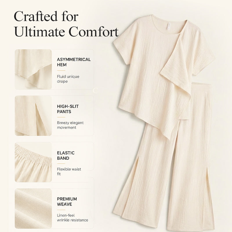 Gluschwein - 👗Set aus asymmetrischem Damenoberteil und weit geschnittener Hose mit Schlitz – elegantes Statement-Set ✨
