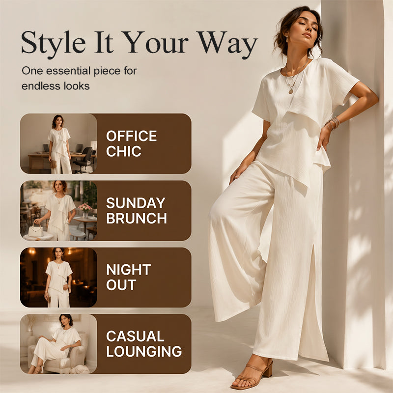 Gluschwein - 👗Set aus asymmetrischem Damenoberteil und weit geschnittener Hose mit Schlitz – elegantes Statement-Set ✨