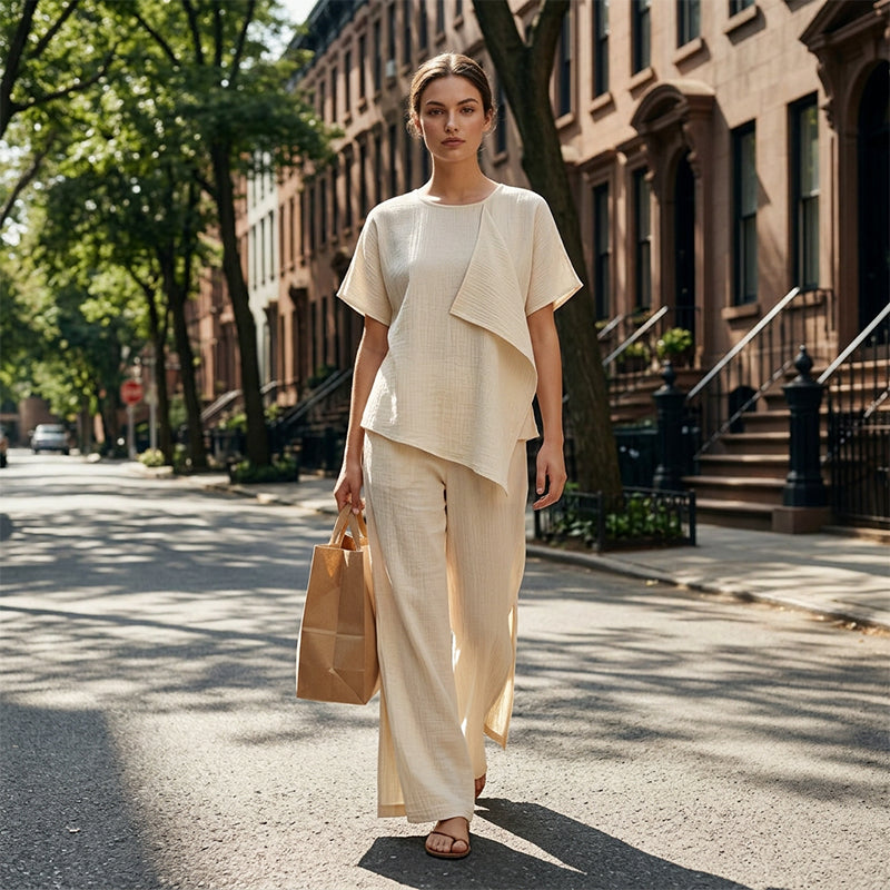 Gluschwein - 👗Set aus asymmetrischem Damenoberteil und weit geschnittener Hose mit Schlitz – elegantes Statement-Set ✨