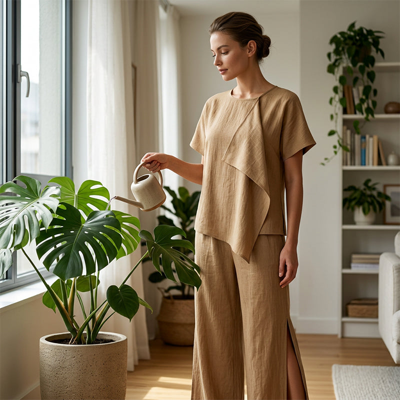 Gluschwein - 👗Set aus asymmetrischem Damenoberteil und weit geschnittener Hose mit Schlitz – elegantes Statement-Set ✨