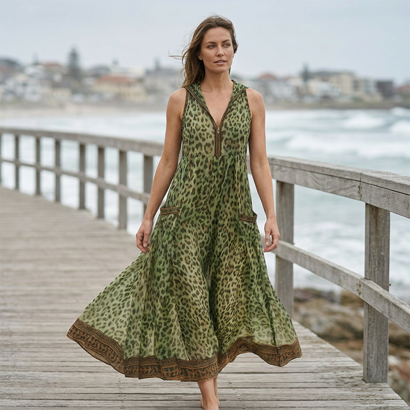 ⏰ Nur noch heute 50% Rabatt! 🐆 Trägerlanges Maxikleid für Damen mit grünem Leopardenprint, Kapuze & Frontreißverschluss, luftiger Chiffon-Stoff mit Taschen für Stadt, Urlaub & warme Sommertage ✨