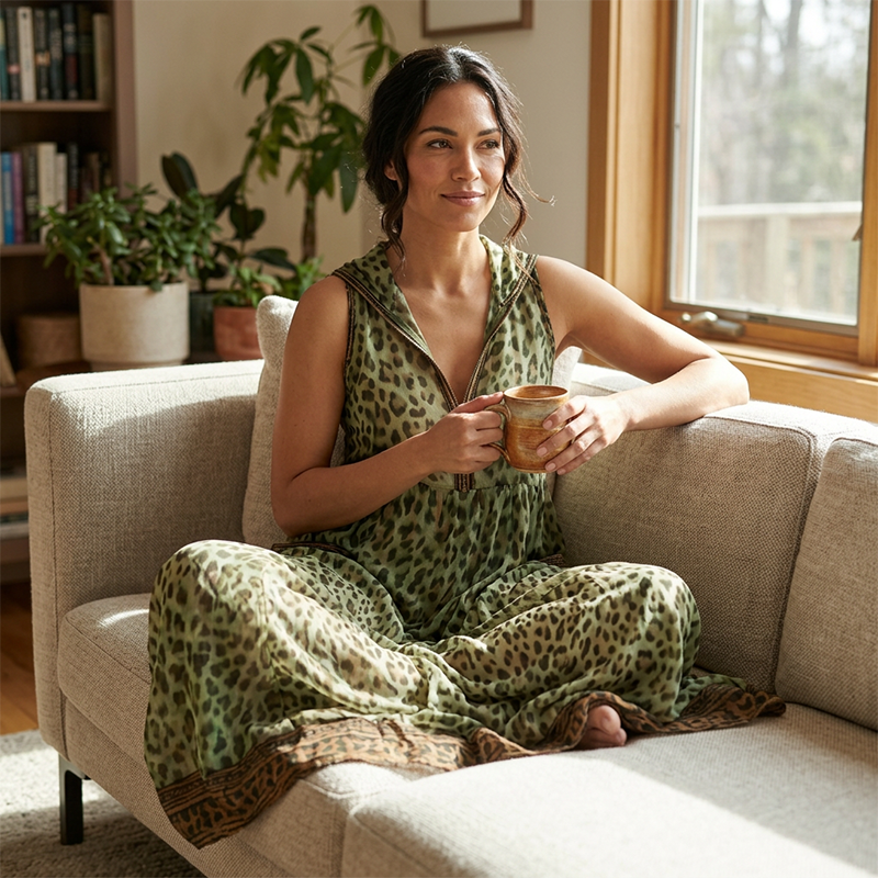 ⏰ Nur noch heute 50% Rabatt! 🐆 Trägerlanges Maxikleid für Damen mit grünem Leopardenprint, Kapuze & Frontreißverschluss, luftiger Chiffon-Stoff mit Taschen für Stadt, Urlaub & warme Sommertage ✨