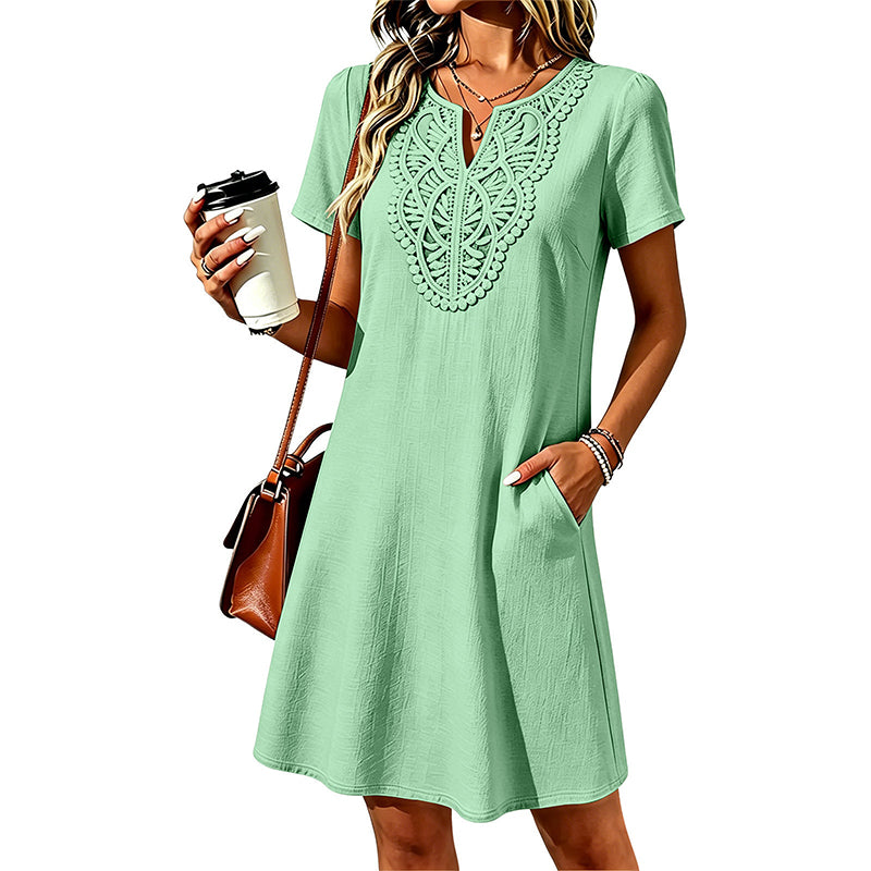 Gluschwein - ✨Damen Bohemian Spitzen V-Ausschnitt T-Shirt-Kleid