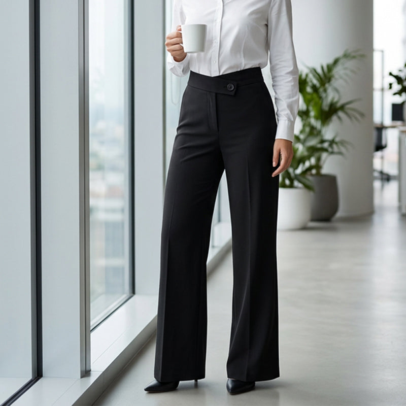 ⏰ Nur noch heute 50% Rabatt! 🤍 Damen High-Waist Weithose mit asymmetrischem Taillendetail, Mikro-Stretch Stoff, knitterfrei & figurformend für Büro, Alltag und elegante Anlässe ✨