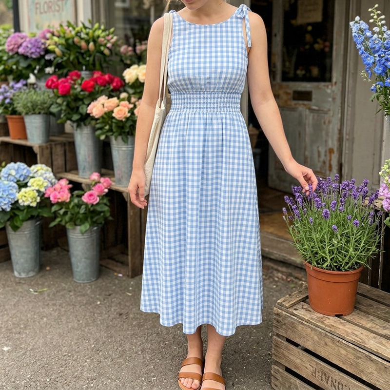 Gluschwein - 👗 Retro-Maxikleid in Karo-Optik – mit Smok-Oberteil & verstellbaren Trägern, bequem & elegant für Alltag, Strand & Sommer 🌸☀️
