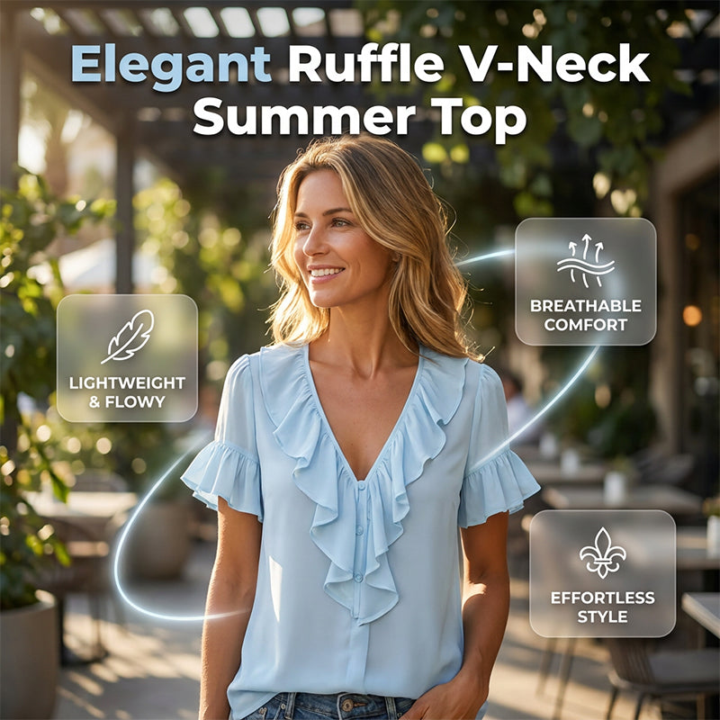 Gluschwein - 🏷️ Räumung -50%! Elegante Damenbluse mit Rüschen, V-Ausschnitt und kurzen Ärmeln – lässiges Sommer-T-Shirt