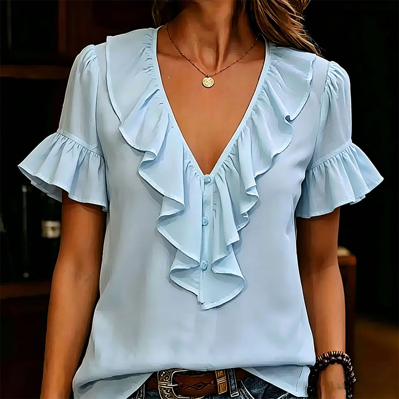 Gluschwein - 🏷️ Räumung -50%! Elegante Damenbluse mit Rüschen, V-Ausschnitt und kurzen Ärmeln – lässiges Sommer-T-Shirt