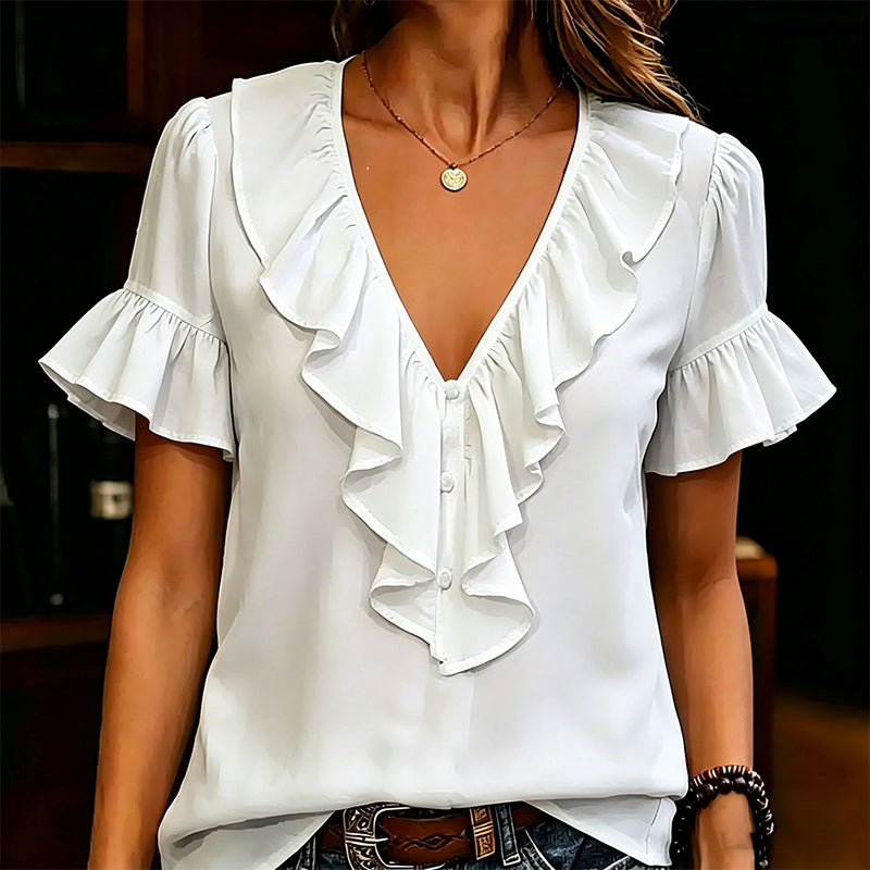 Gluschwein - 🏷️ Räumung -50%! Elegante Damenbluse mit Rüschen, V-Ausschnitt und kurzen Ärmeln – lässiges Sommer-T-Shirt