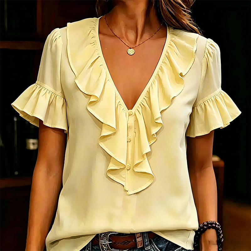Gluschwein - 🏷️ Räumung -50%! Elegante Damenbluse mit Rüschen, V-Ausschnitt und kurzen Ärmeln – lässiges Sommer-T-Shirt